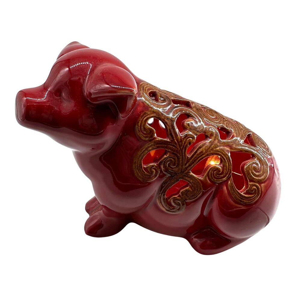 Red Ceramic Pig Lamp Cutout Scrollwork Accent Light Night Light Decor kidcore
